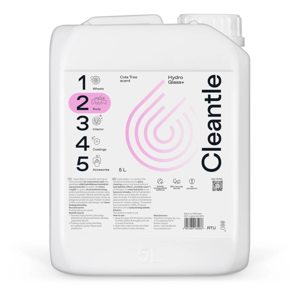 Cleantle Hydro Glass+ - produkt do mycia szyb, szkła, hydrofobowy 5L